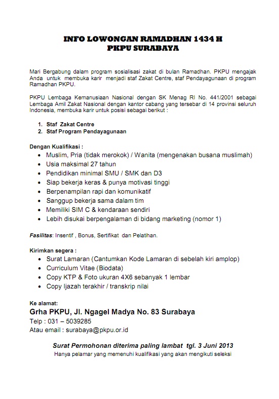 Info Lowongan Ramadhan 1434 H Pkpu Surabaya Zakat Center